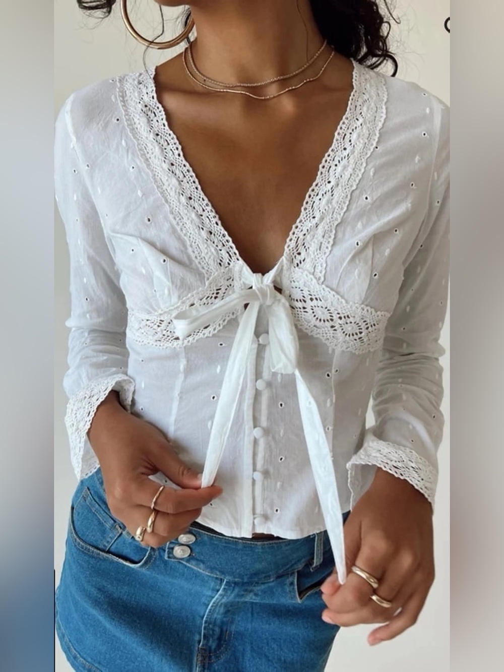 Princess Polly White Eyelet Lace Tie-Front Blouse